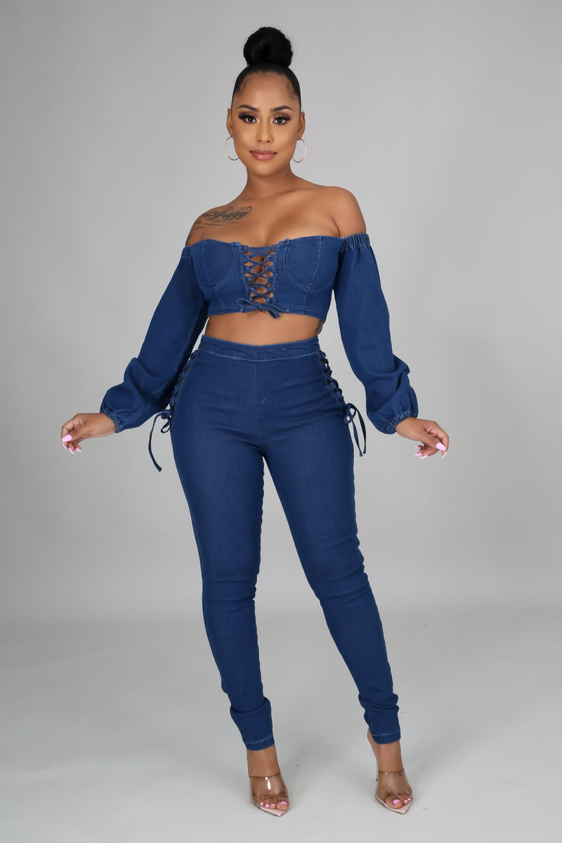 Let's Flex Denim Crop Top And Pant Set